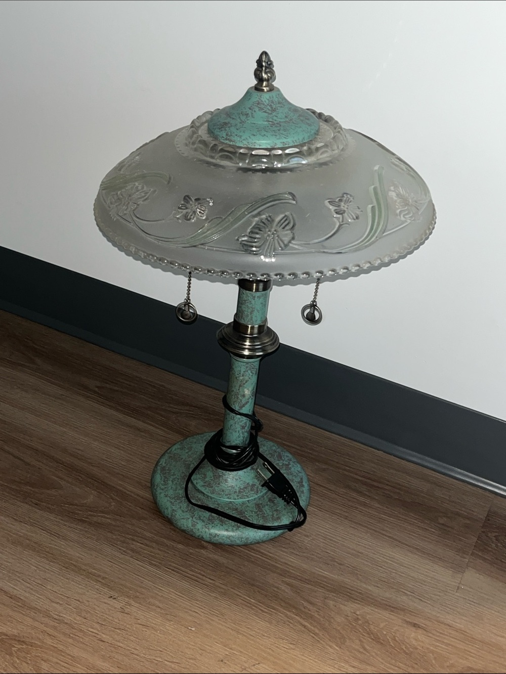 Vintage-Style Green Patina Table Lamp with Frosted Glass Shade16”tall